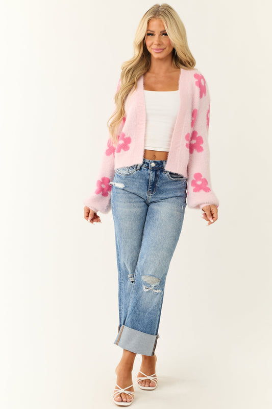 Women’s Floral Print Open-Front Cardigan Sweater – Blush