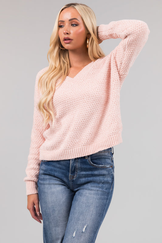 Women Blush Chenille V Neck Sweater