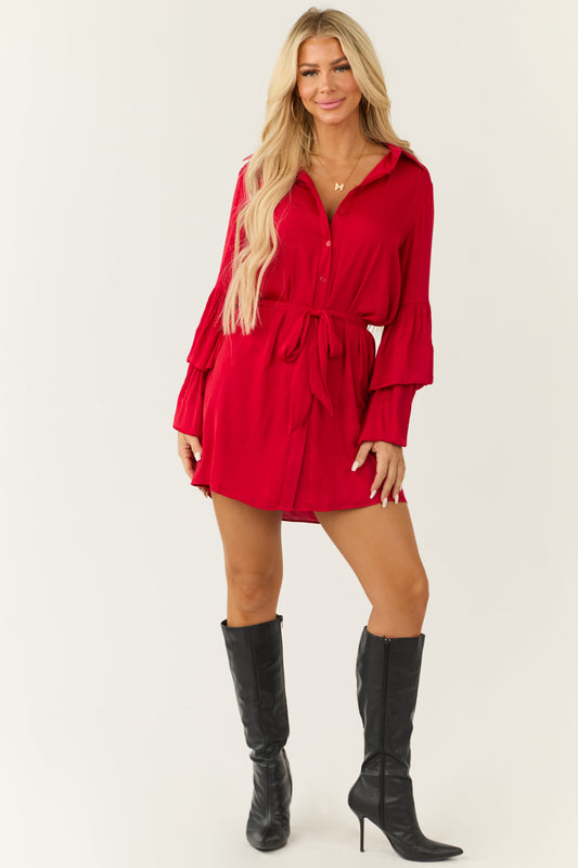 Women Bright Ruby Tiered Bell Sleeve Long Sleeve Mini Dress