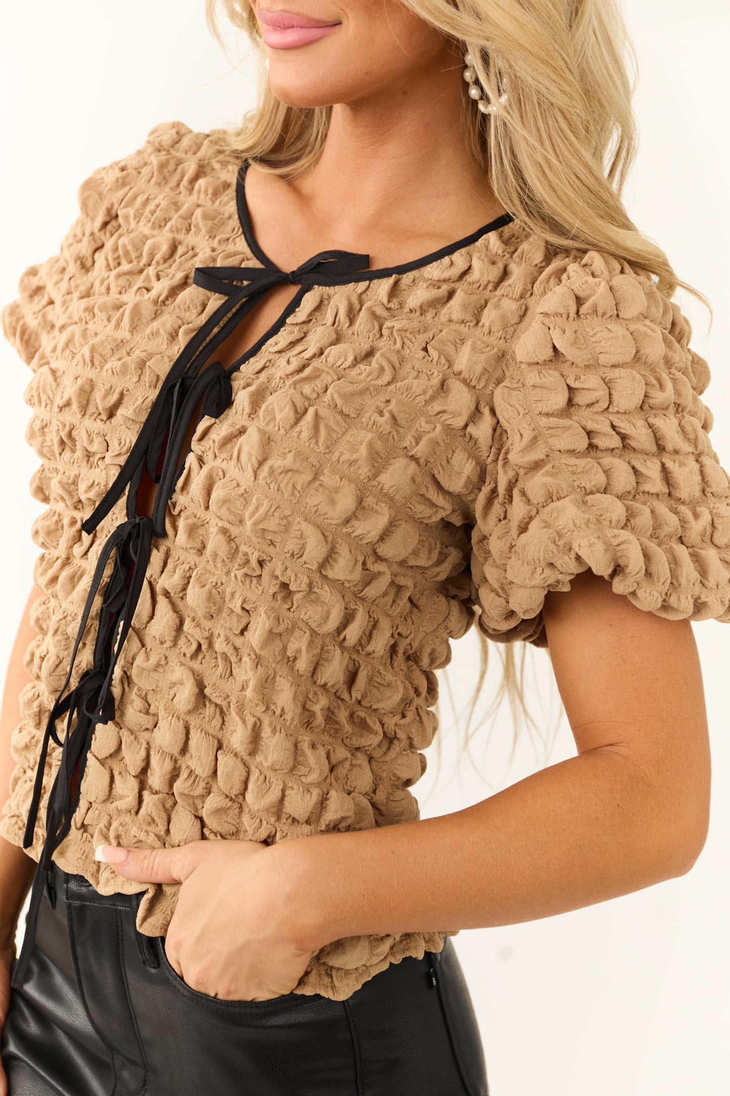 Women Brown Sugar Front Tie Bubble Textured Top