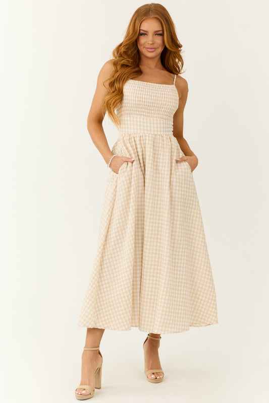 Women Blush Gingham Square Neck Sleeveless Midi Dress