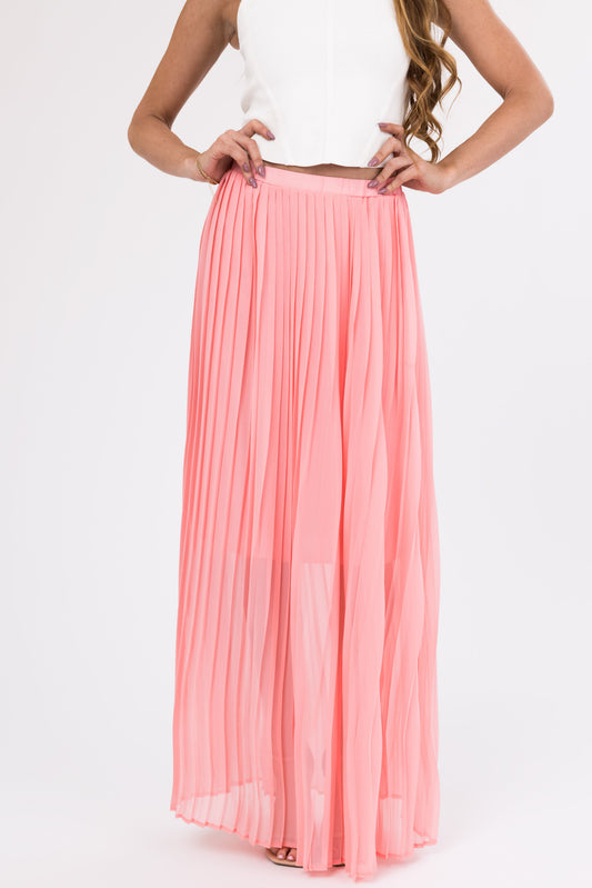 Women Blush Pleated Chiffon Elastic Waist Maxi Skirt