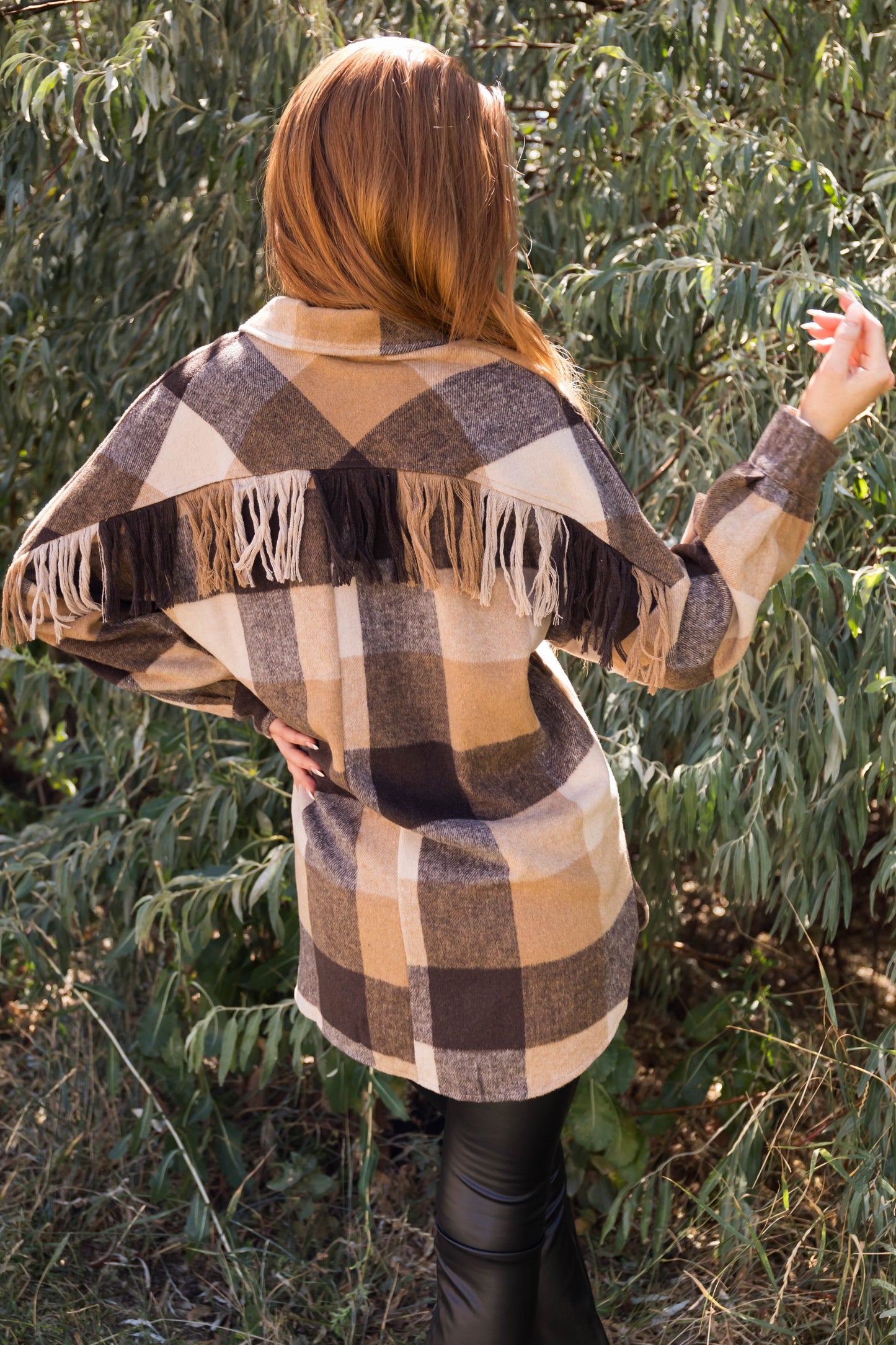 Women Brown Sugar Camel Plaid Fringe Back Shacket