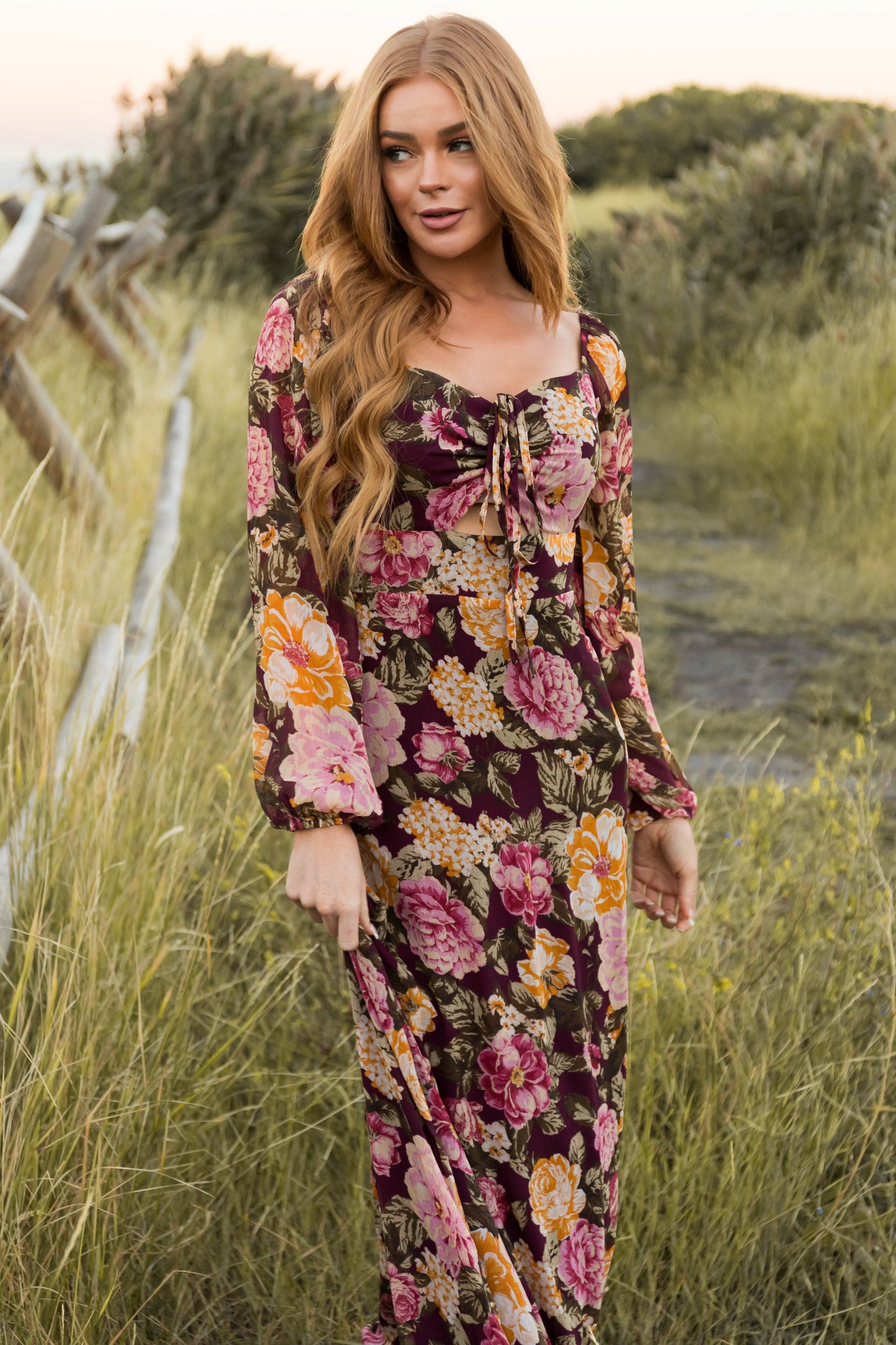 Women Boysenberry Floral Print Long Sleeve Maxi Dress