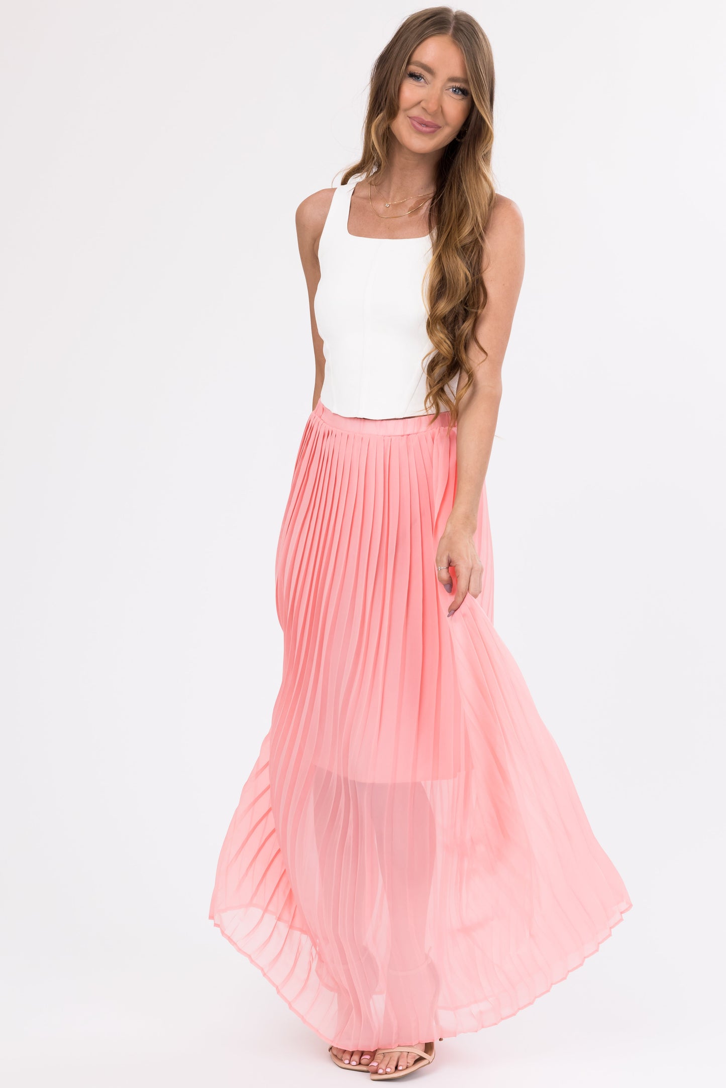 Women Blush Pleated Chiffon Elastic Waist Maxi Skirt