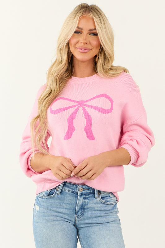 Women Bright Carnation Bow Graphic Puff Sleeve Sweater