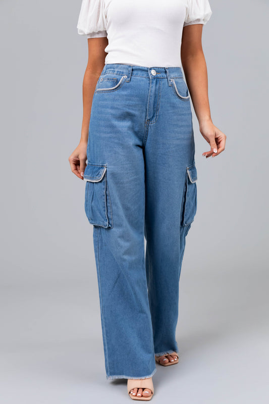 Women Light Wash Rhinestone Cargo Jeans
