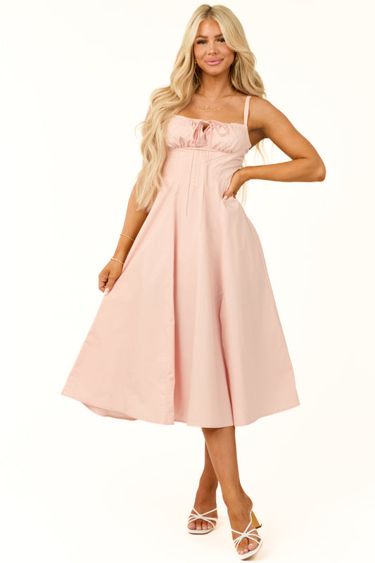 Women Blush Smocked Front Tie Sleeveless Midi Dress