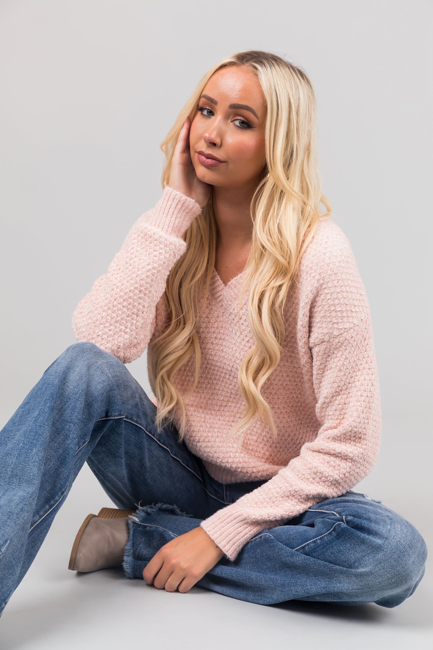 Women Blush Chenille V Neck Sweater