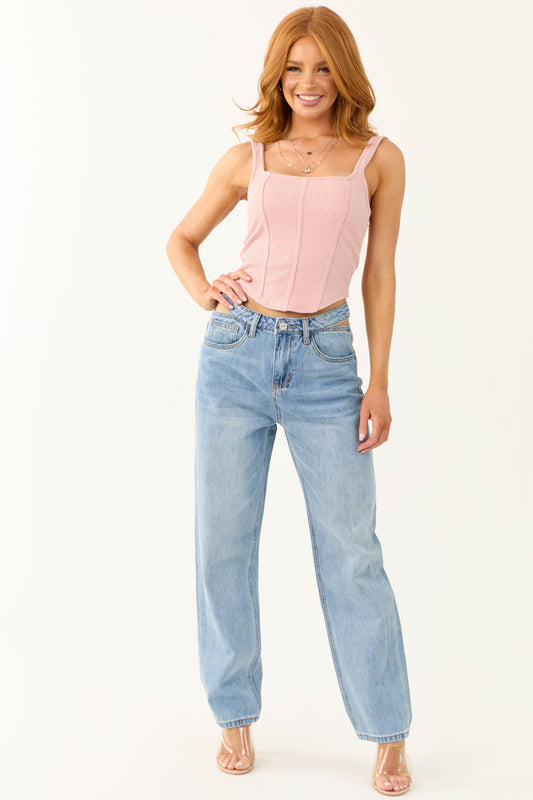 Women Blush Ribbed Corset Tank Top Square Neck