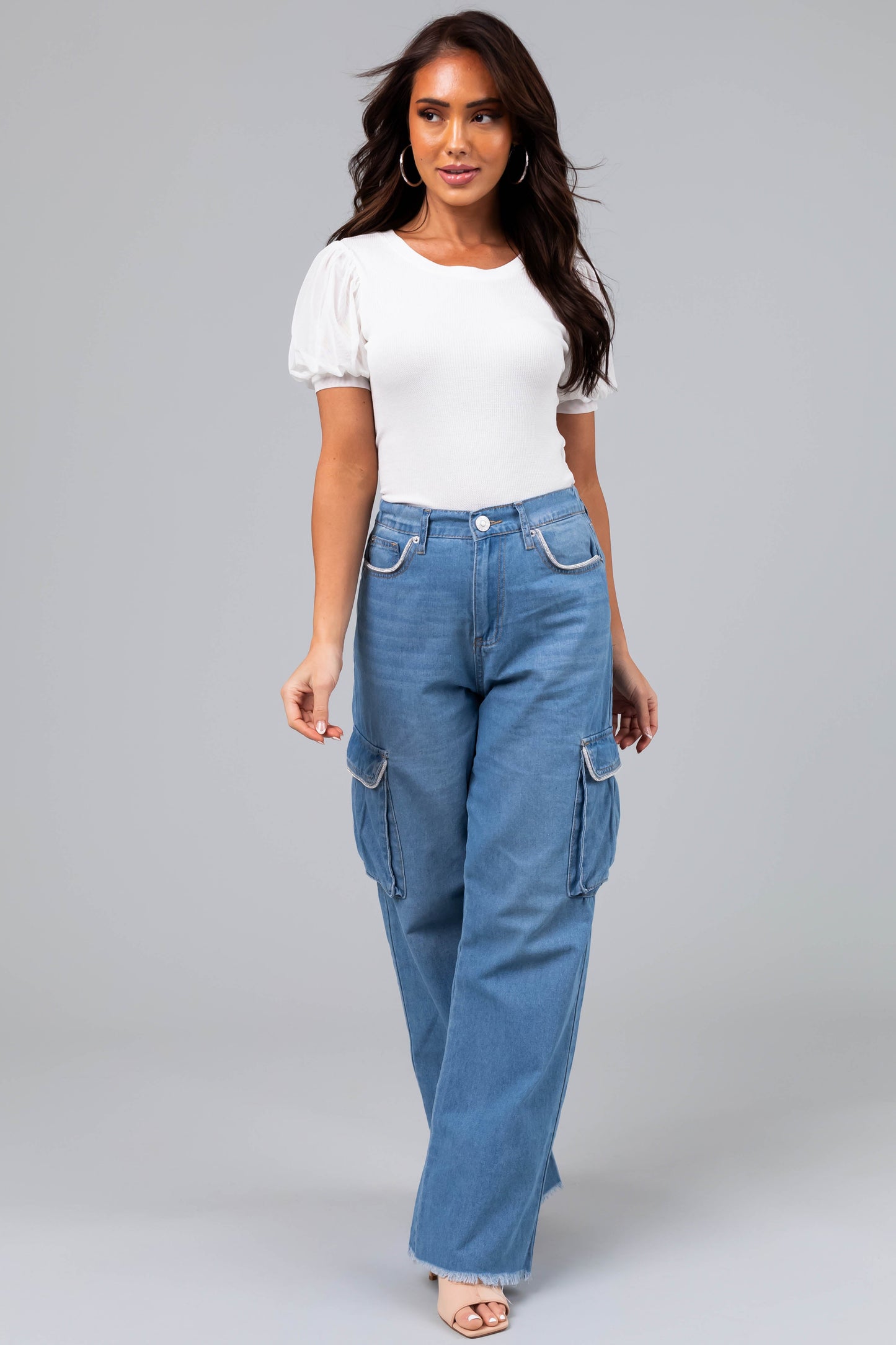 Women Light Wash Rhinestone Cargo Jeans