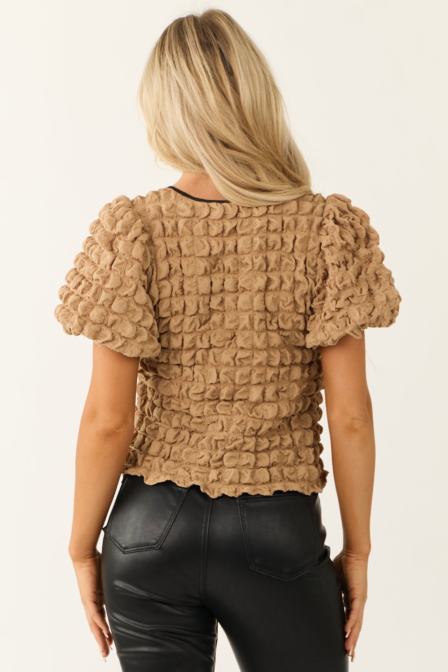Women Brown Sugar Front Tie Bubble Textured Top