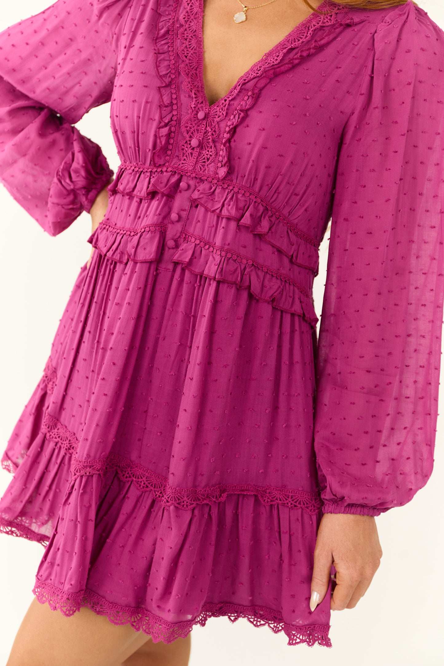 Women Boysenberry Swiss Dot Lace Trim Mini Dress