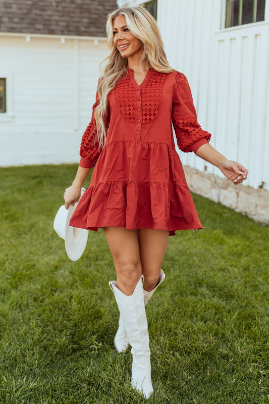 Women Brick Embroidered Stitch Overlay Mini Dress