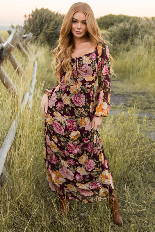 Women Boysenberry Floral Print Long Sleeve Maxi Dress