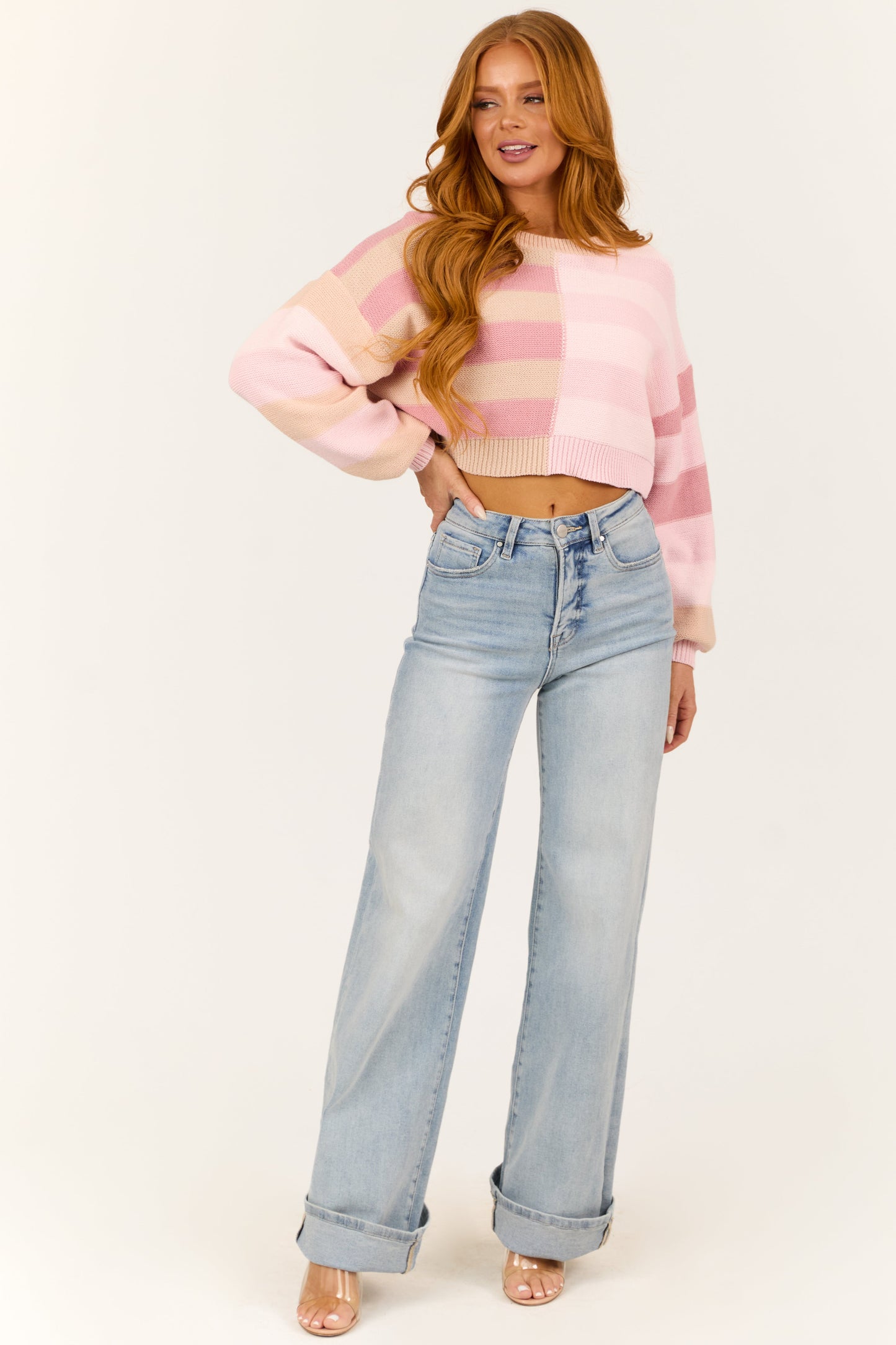Women Blush Striped Cropped Long Sleeve Sweater