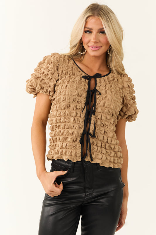 Women Brown Sugar Front Tie Bubble Textured Top
