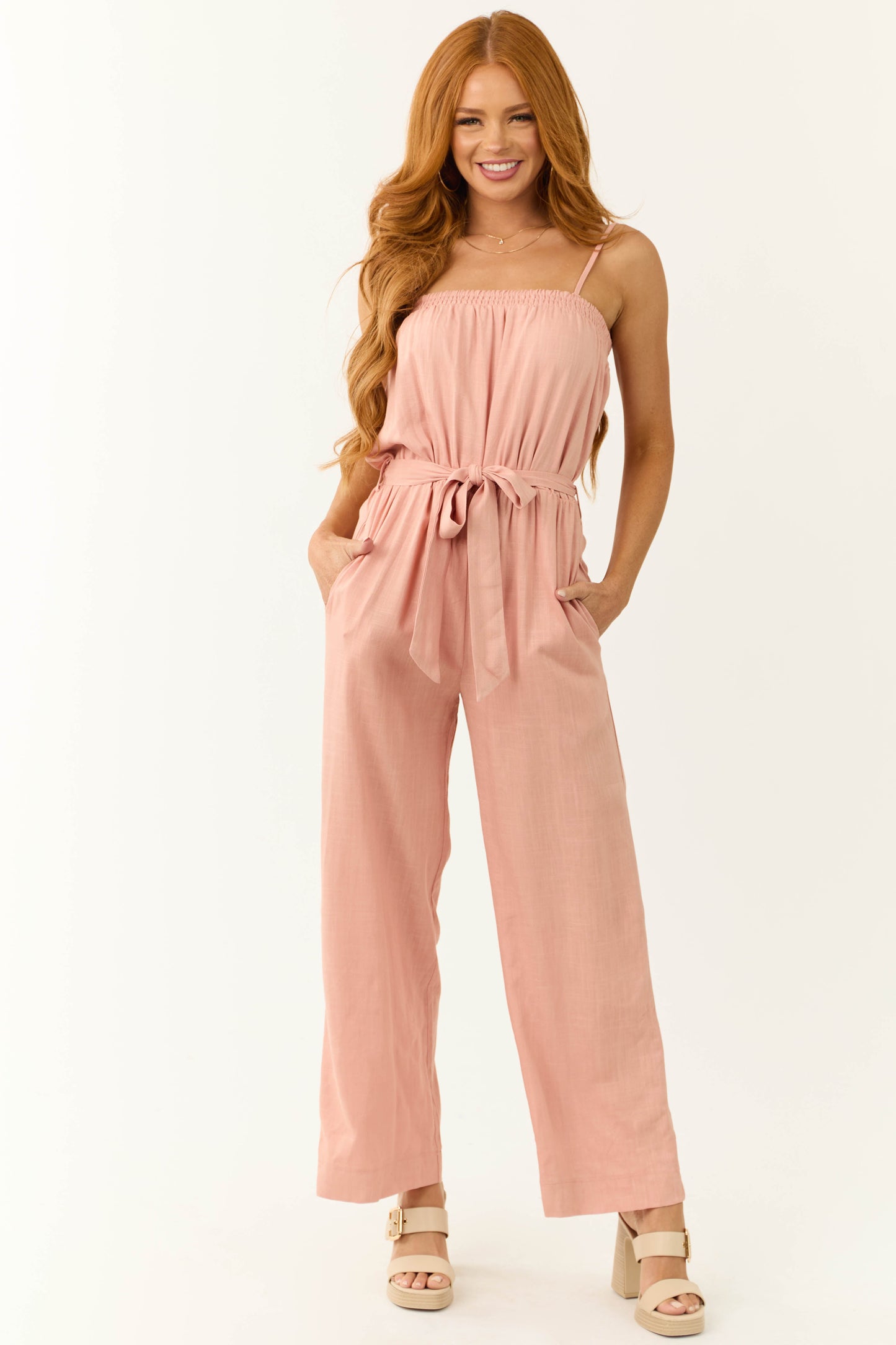 Women Blush Linen Tie Waist Sleeveless Jumpsuit