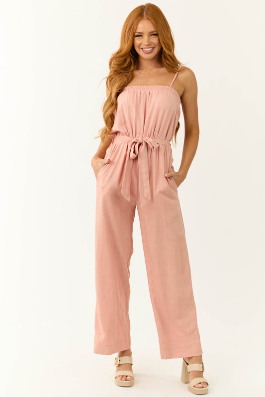 Women Blush Linen Tie Waist Sleeveless Jumpsuit