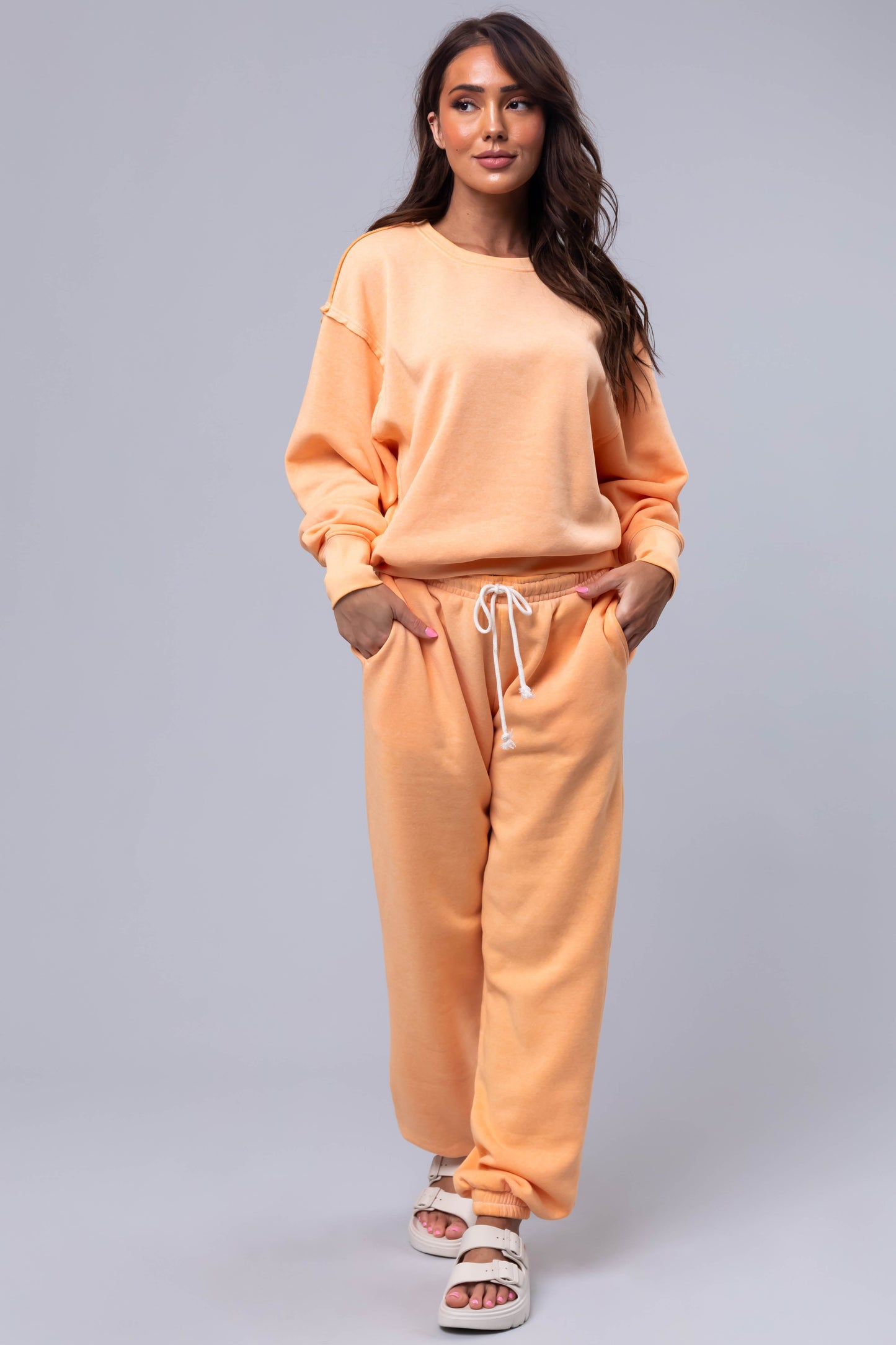 Women Bright Melon Washed High Rise Drawstring Joggers