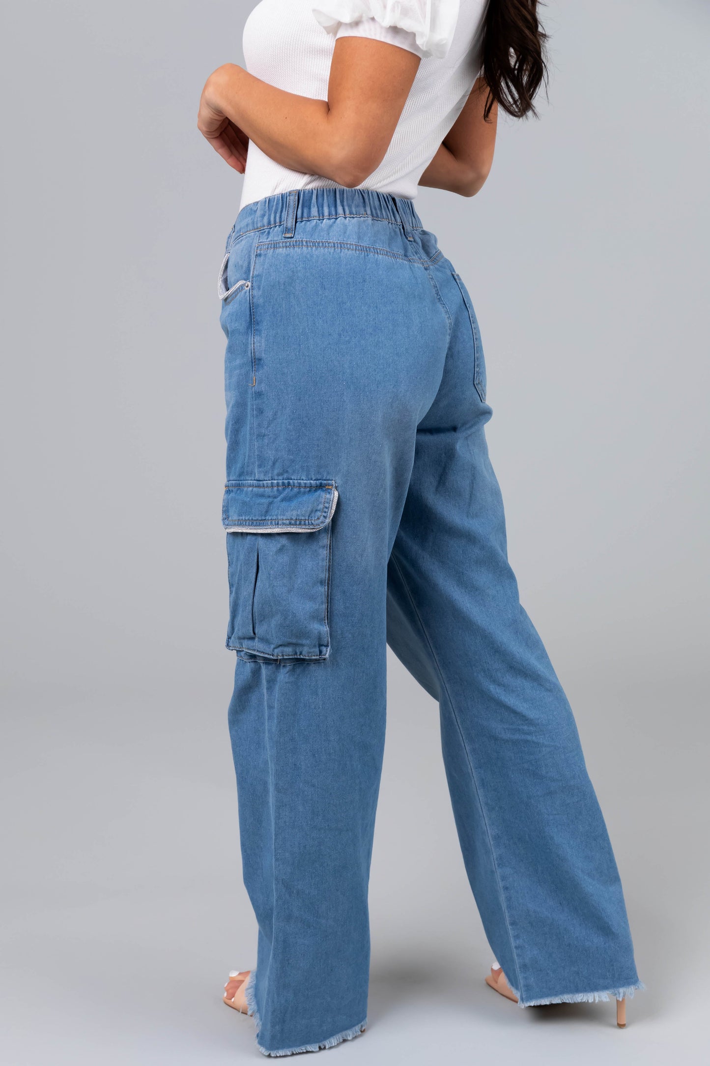 Women Light Wash Rhinestone Cargo Jeans