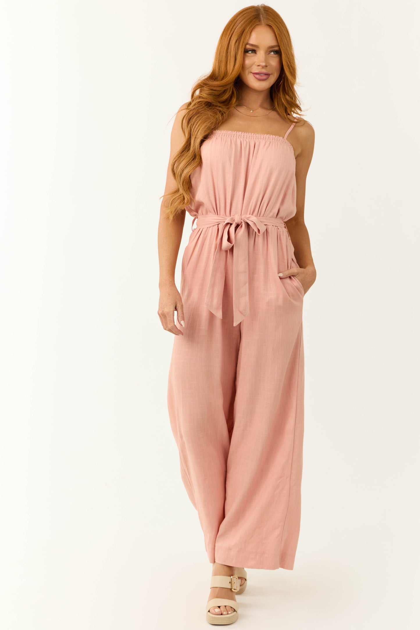 Women Blush Linen Tie Waist Sleeveless Jumpsuit