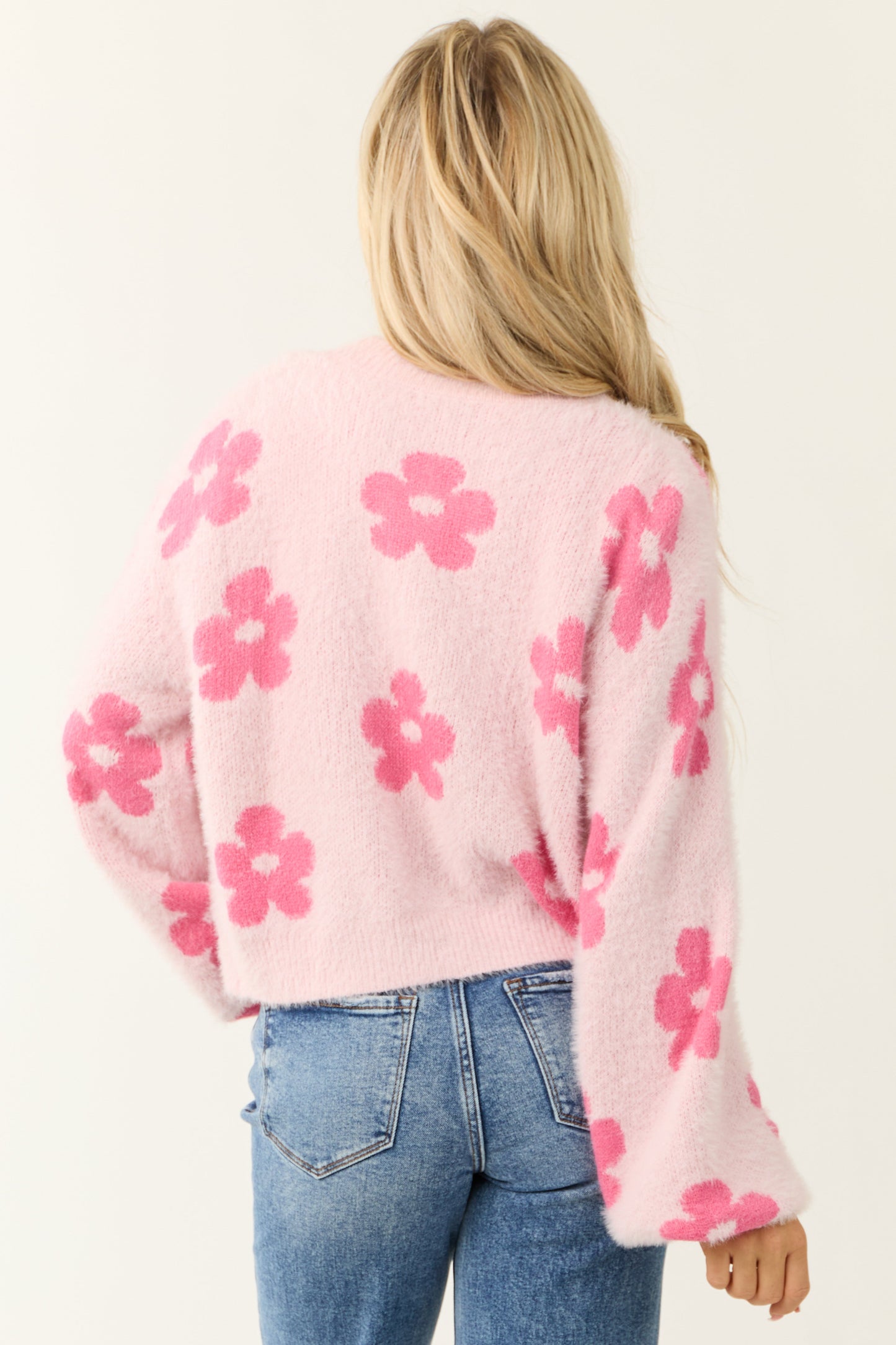 Women’s Floral Print Open-Front Cardigan Sweater – Blush