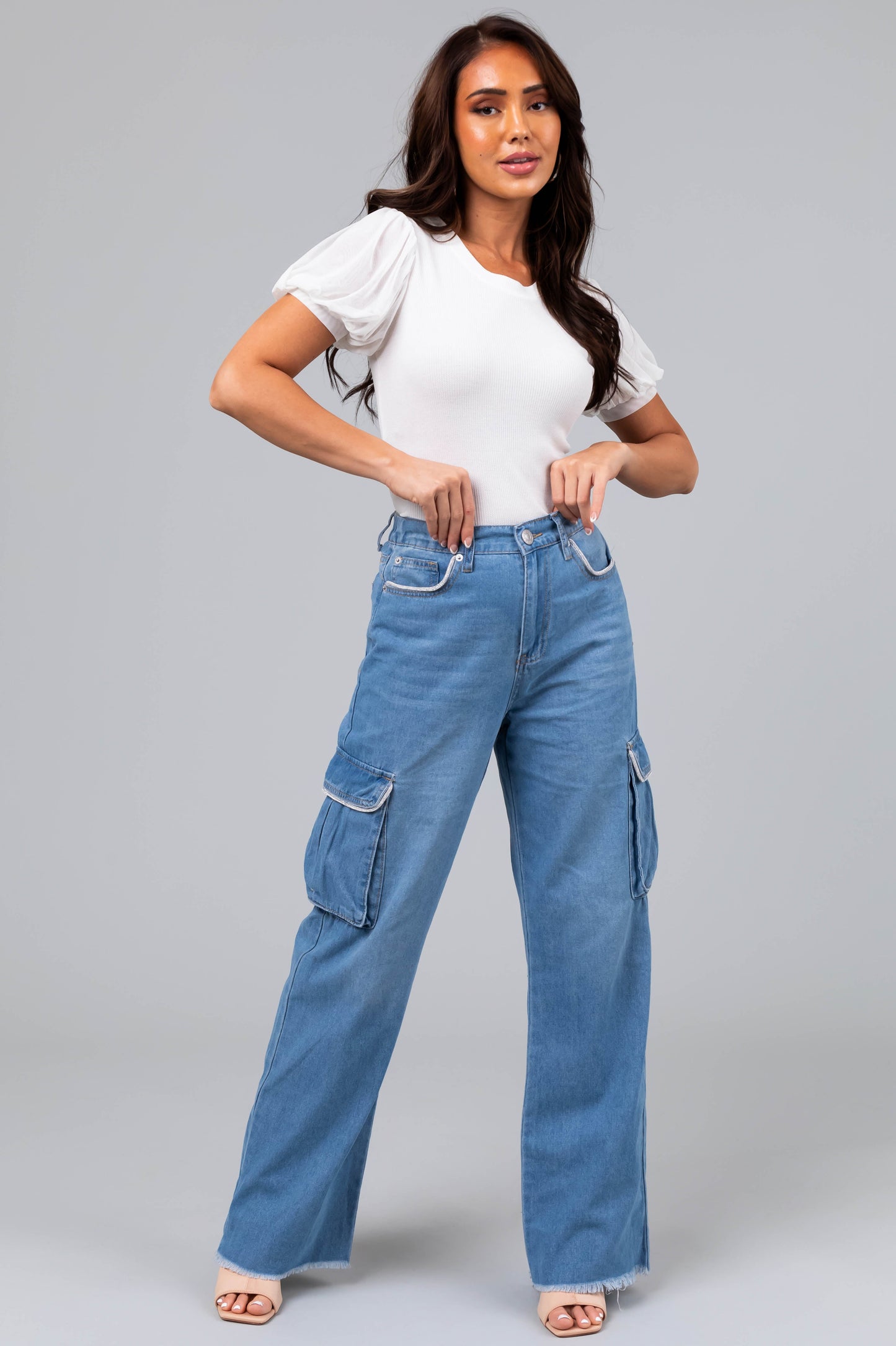 Women Light Wash Rhinestone Cargo Jeans