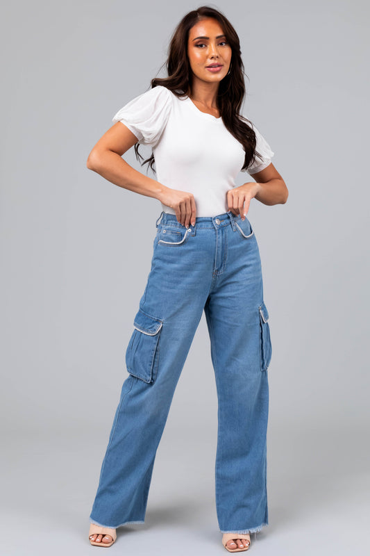 Women Light Wash Rhinestone Cargo Jeans
