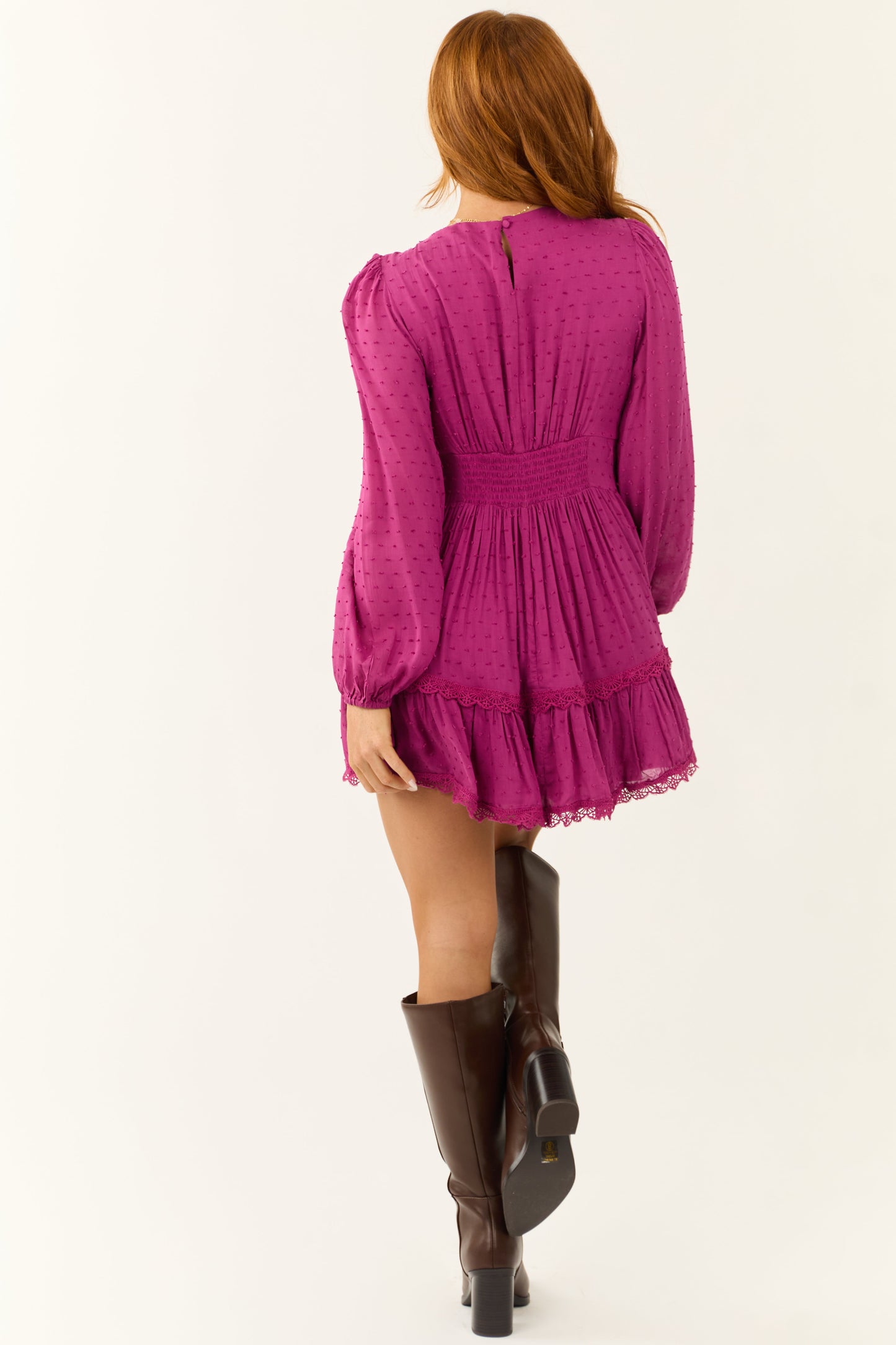 Women Boysenberry Swiss Dot Lace Trim Mini Dress