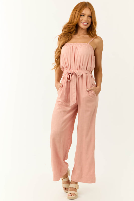Women Blush Linen Tie Waist Sleeveless Jumpsuit