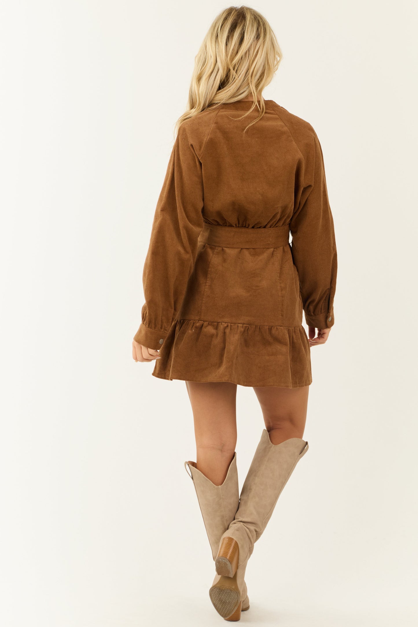 Women Brown Sugar Corduroy Long Sleeve Mini Dress