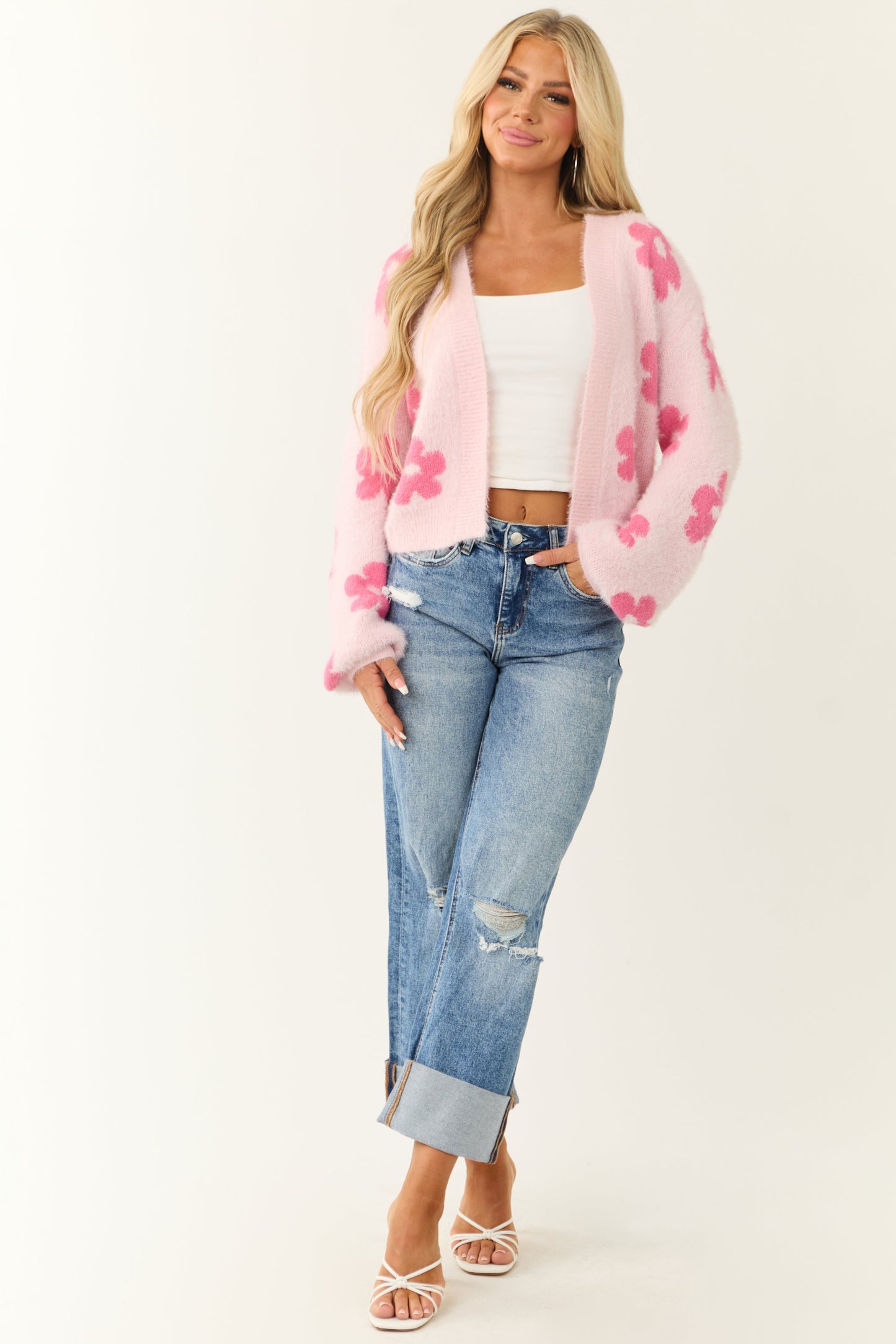 Women’s Floral Print Open-Front Cardigan Sweater – Blush