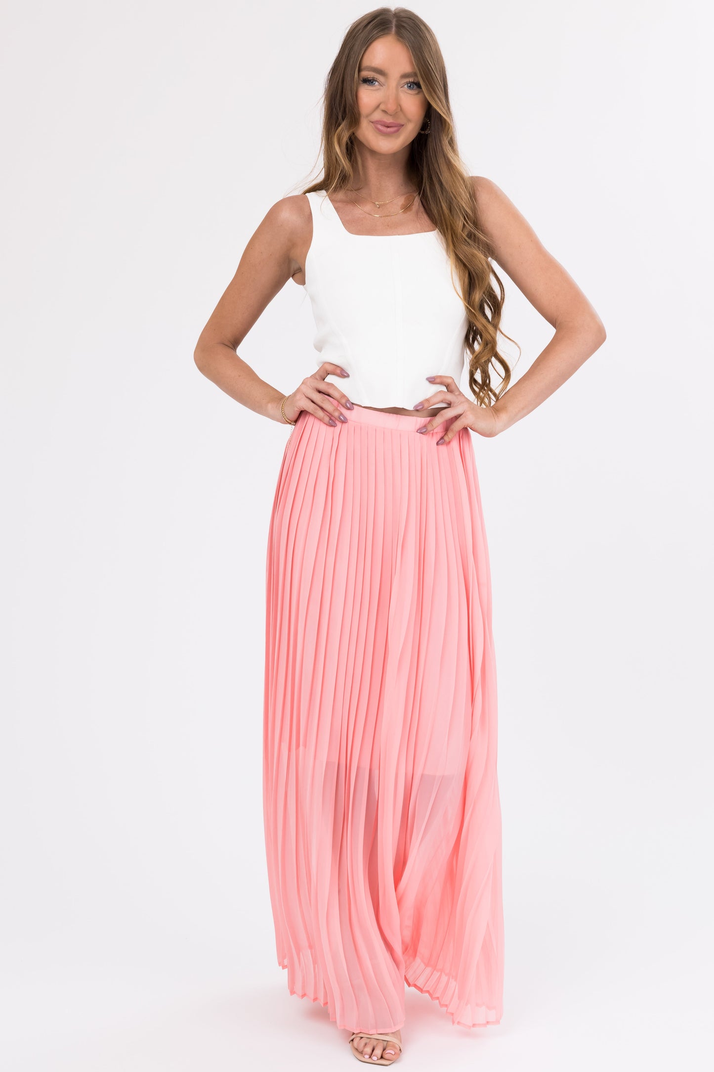 Women Blush Pleated Chiffon Elastic Waist Maxi Skirt