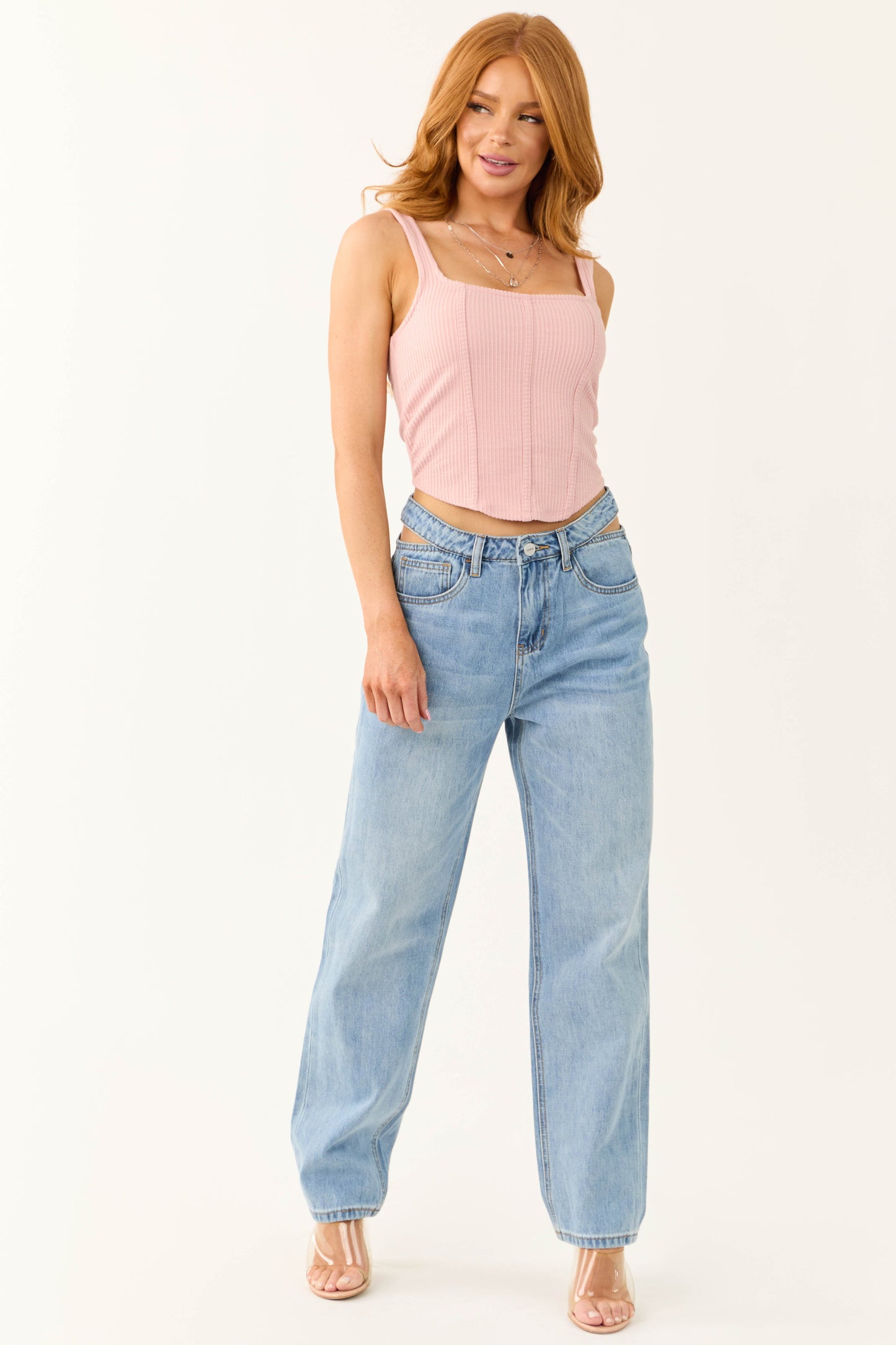Women Blush Ribbed Corset Tank Top Square Neck