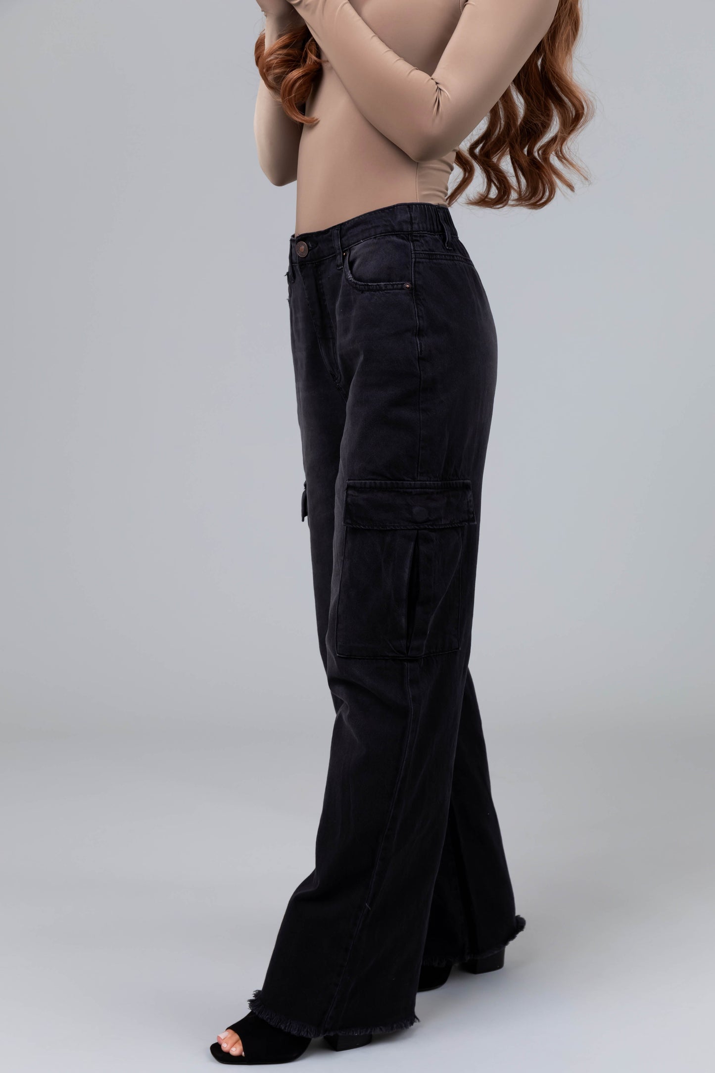 Women Black Cargo Wide Leg Jeans