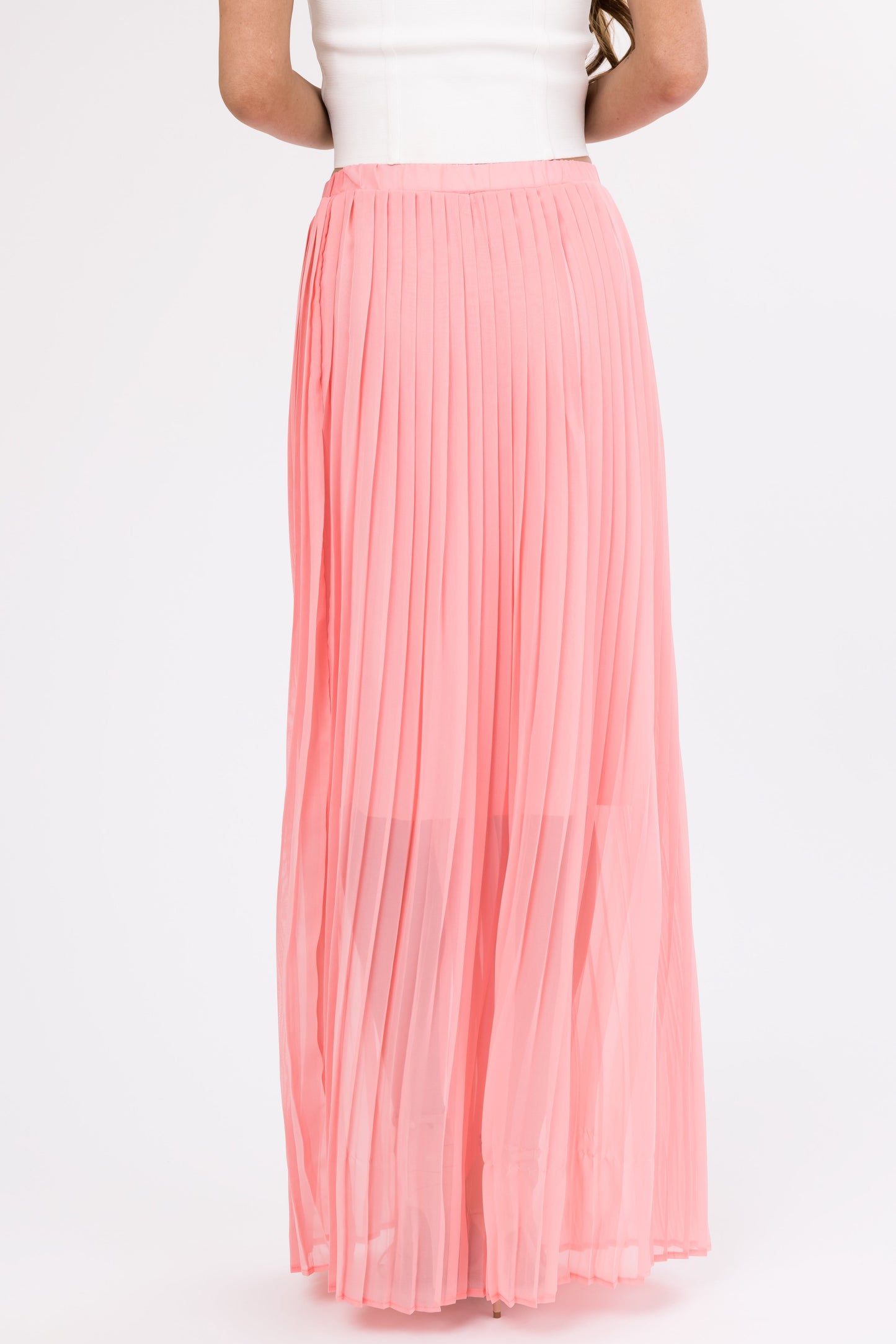 Women Blush Pleated Chiffon Elastic Waist Maxi Skirt