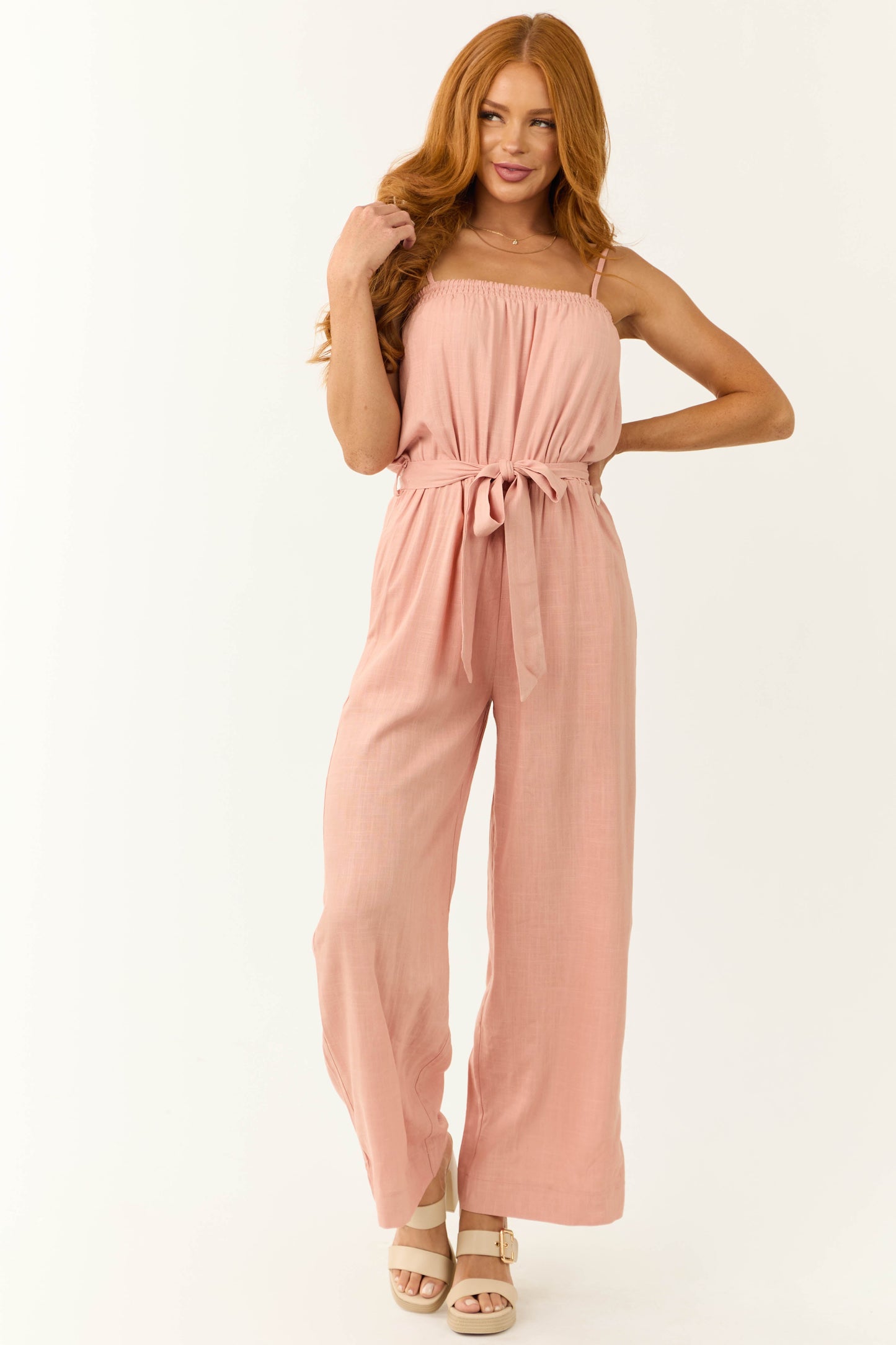 Women Blush Linen Tie Waist Sleeveless Jumpsuit