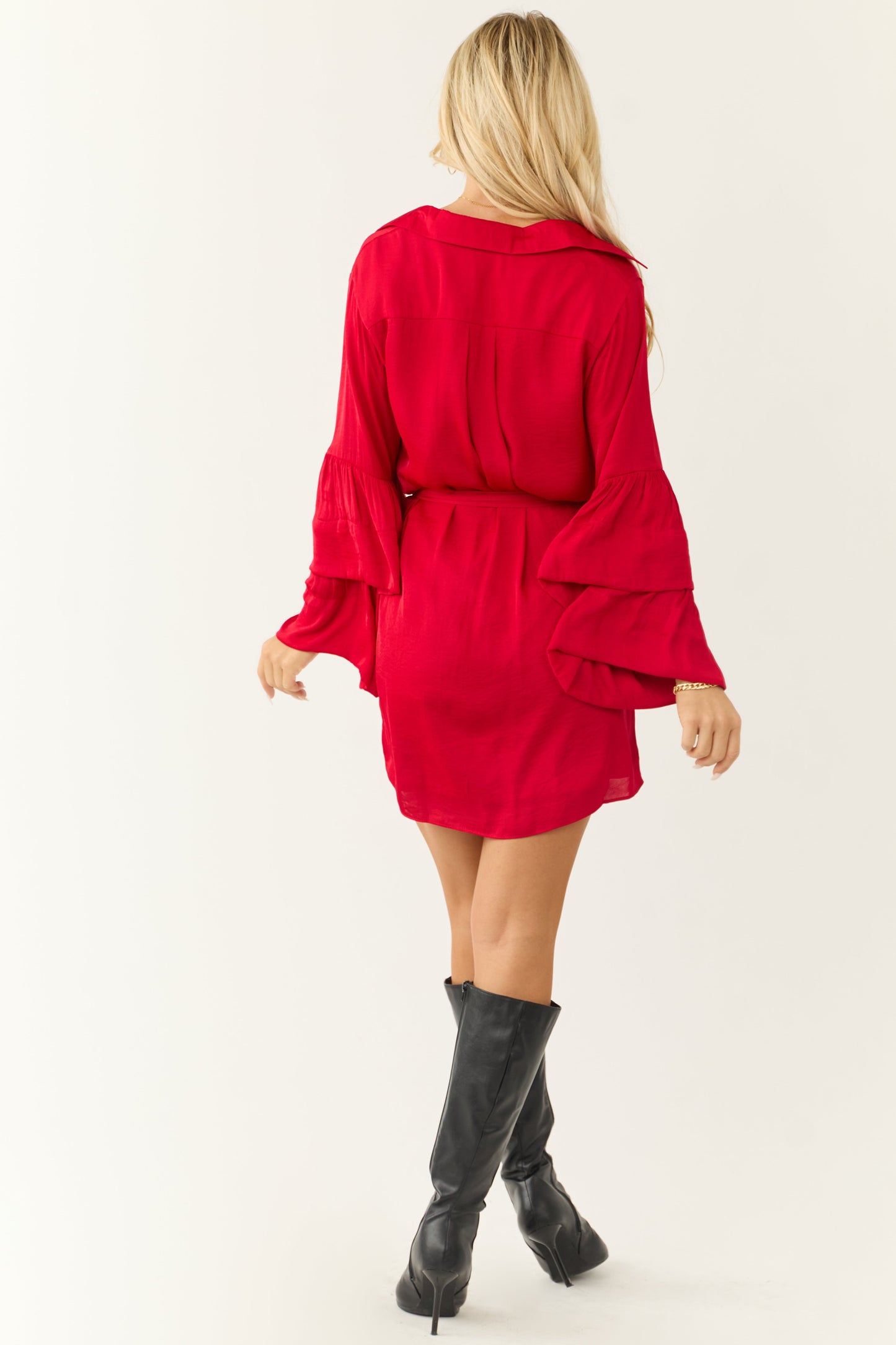 Women Bright Ruby Tiered Bell Sleeve Long Sleeve Mini Dress