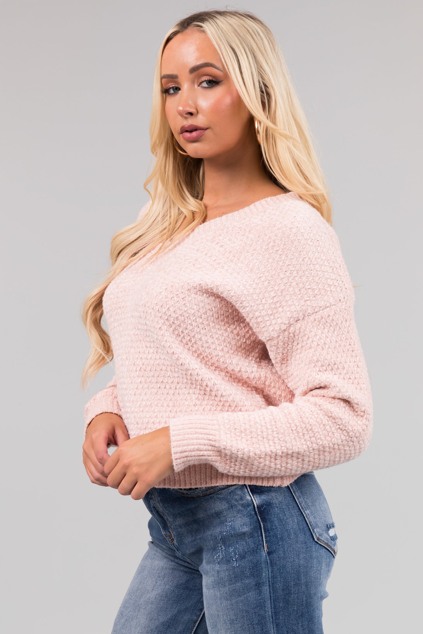 Women Blush Chenille V Neck Sweater