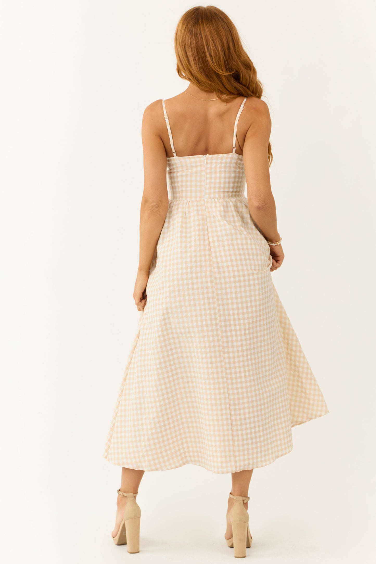 Women Blush Gingham Square Neck Sleeveless Midi Dress