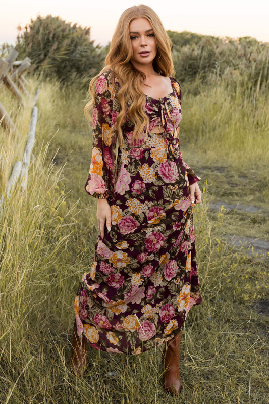 Women Boysenberry Floral Print Long Sleeve Maxi Dress