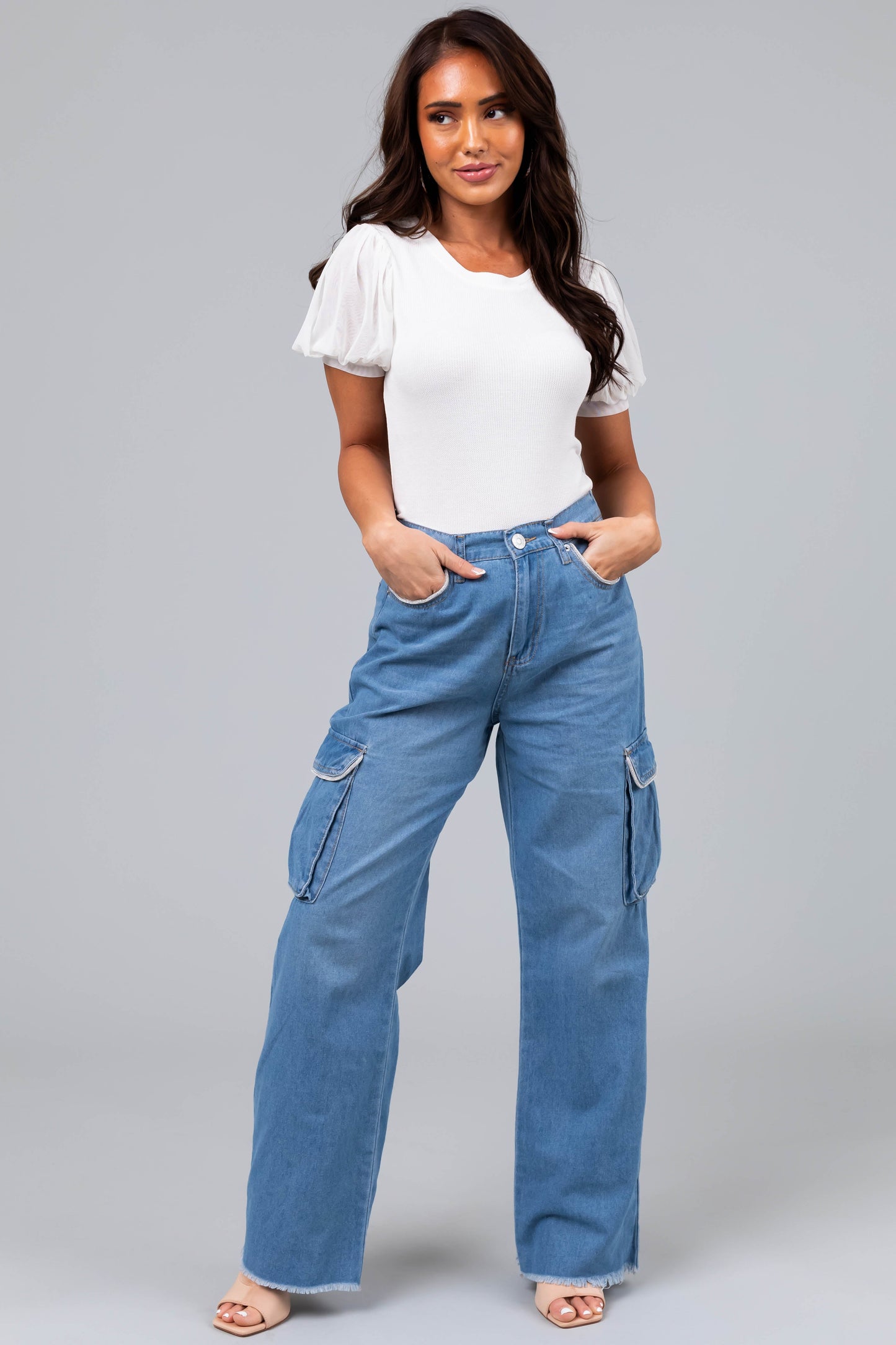 Women Light Wash Rhinestone Cargo Jeans