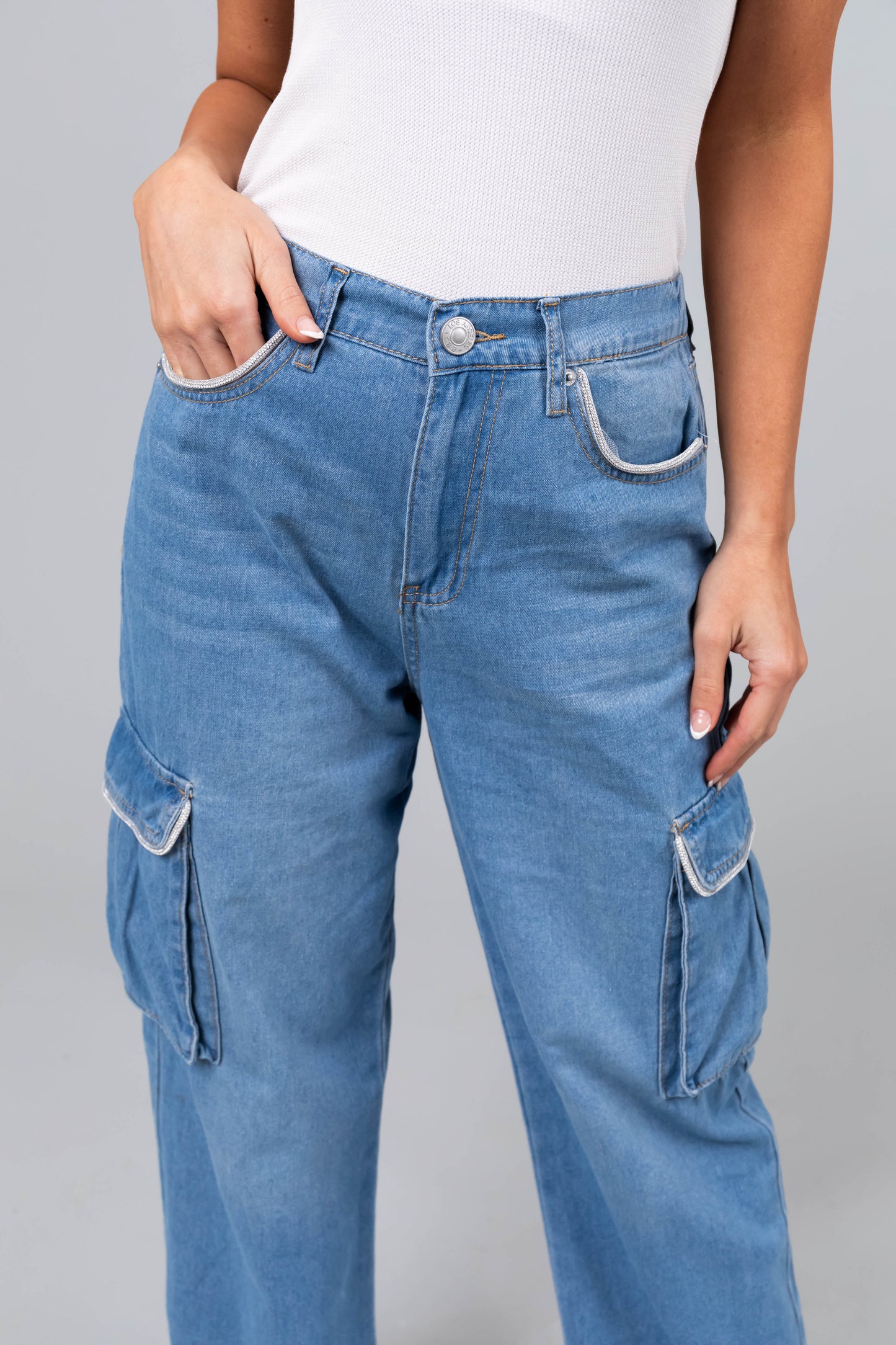 Women Light Wash Rhinestone Cargo Jeans