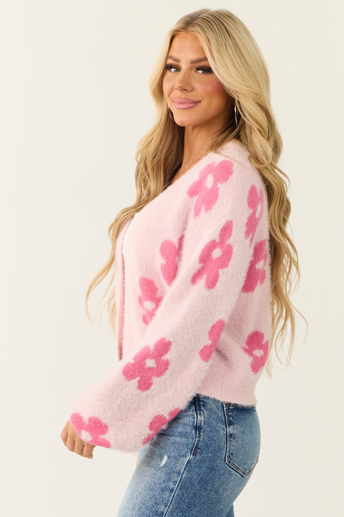 Women’s Floral Print Open-Front Cardigan Sweater – Blush