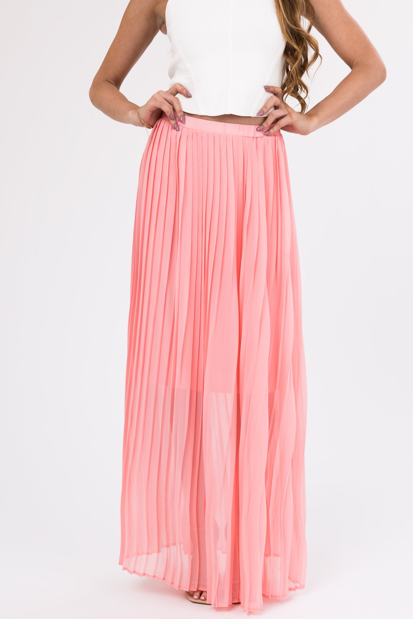 Women Blush Pleated Chiffon Elastic Waist Maxi Skirt