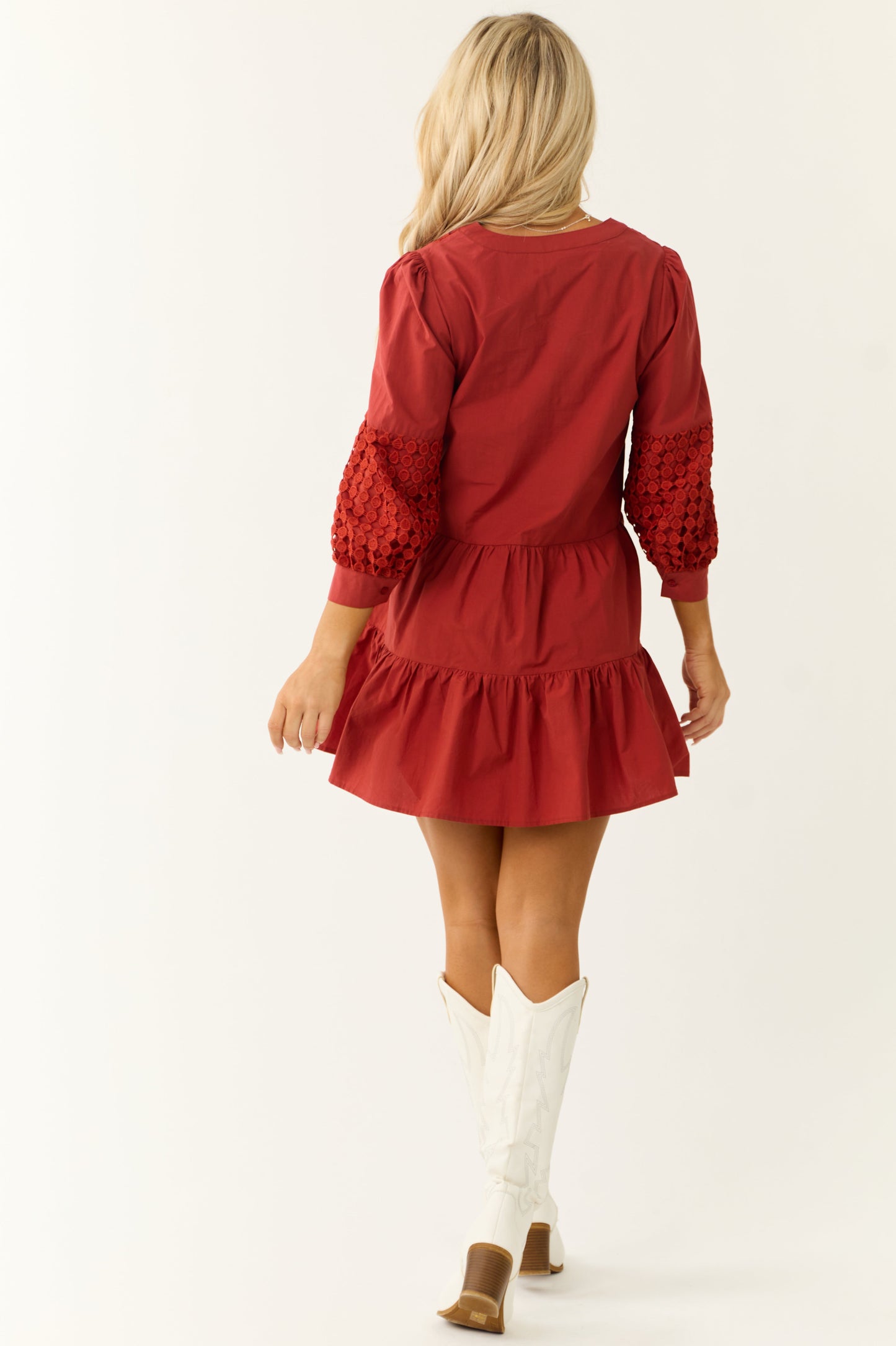 Women Brick Embroidered Stitch Overlay Mini Dress