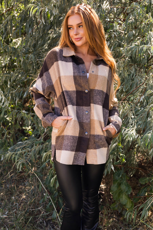 Women Brown Sugar Camel Plaid Fringe Back Shacket
