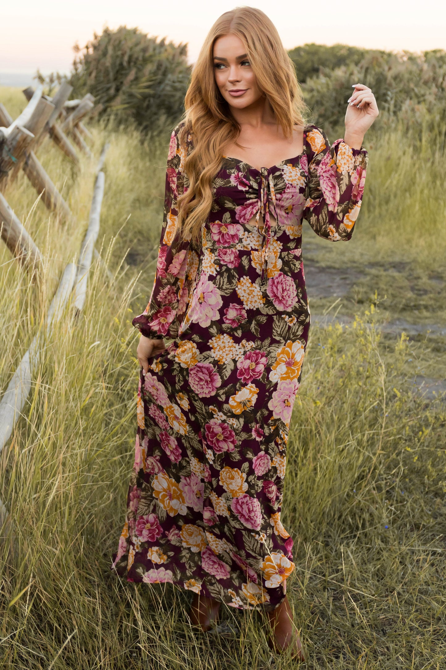Women Boysenberry Floral Print Long Sleeve Maxi Dress