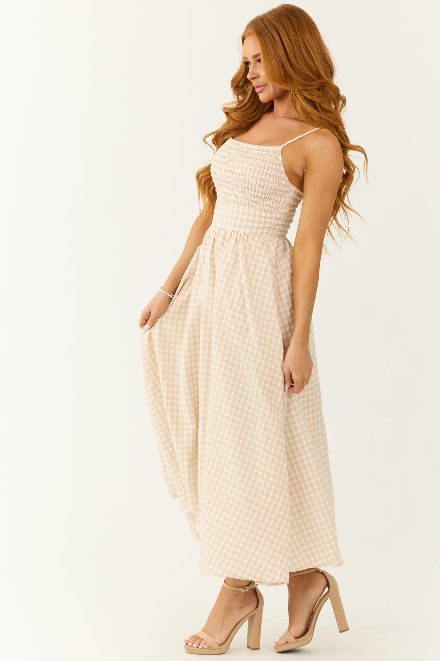 Women Blush Gingham Square Neck Sleeveless Midi Dress